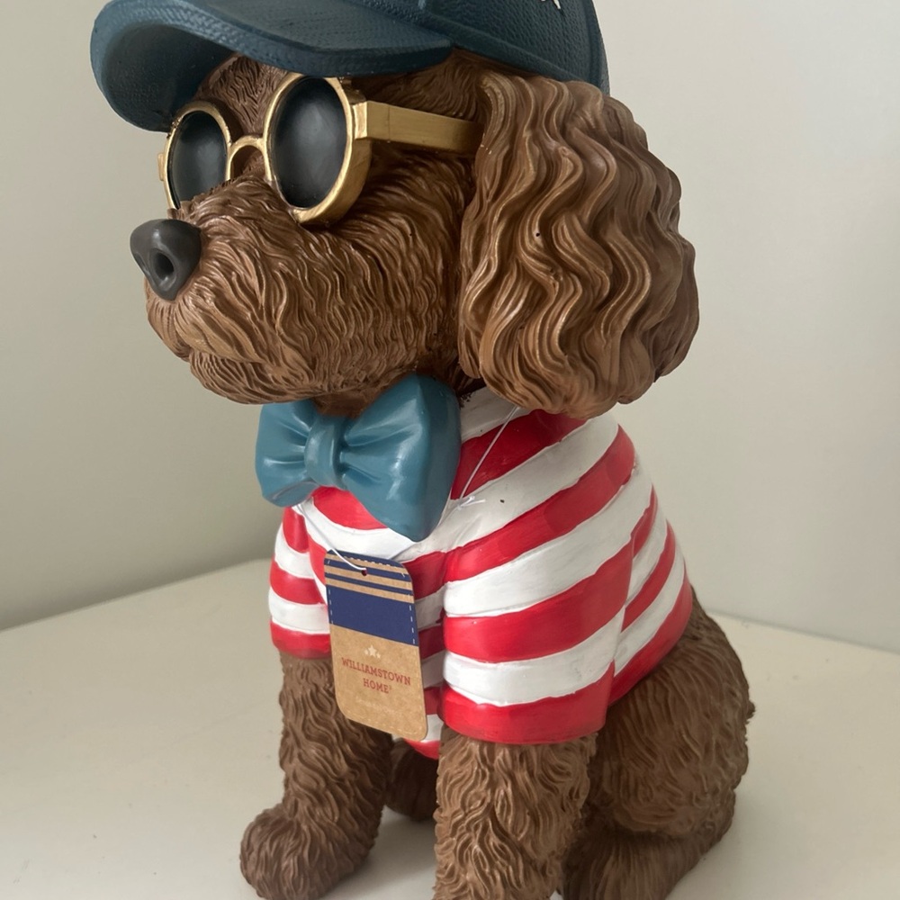 Williamstown Home Dog Figurine Red & White Striped Shirt & Stars Cap 4th of July